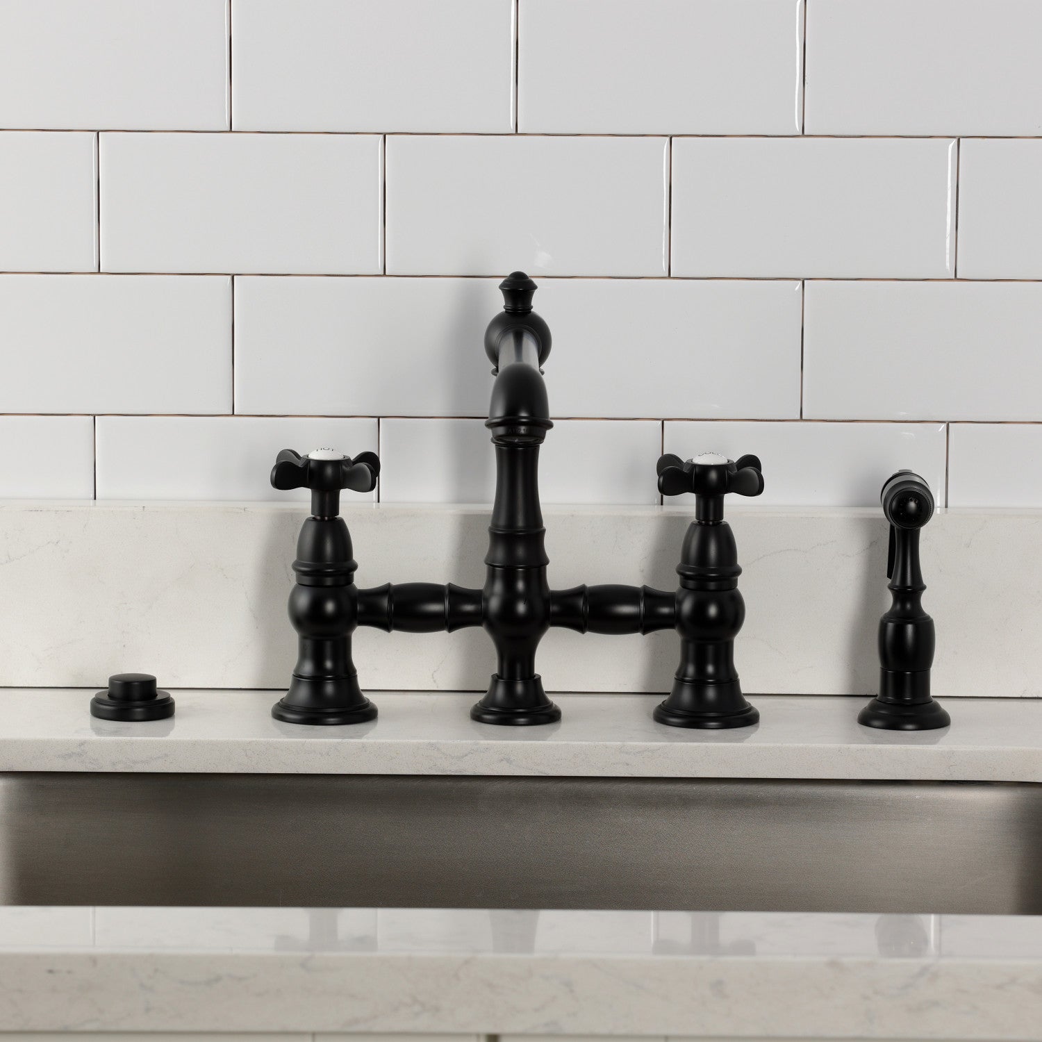 Kingston Tulare KS7270BEXBS - Essex Two-Handle 4-Hole Deck Mount Bridge Kitchen Faucet with Brass Sprayer, Matte Black — thumbnail 3